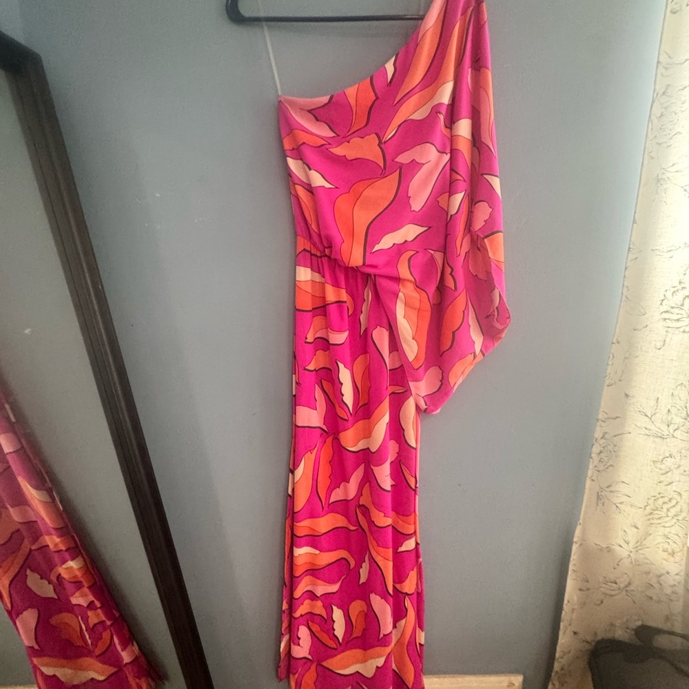 Pink One Shoulder Maxi Dress Abstract Print Bright Summer Vacation Resort - Picture 4 of 6